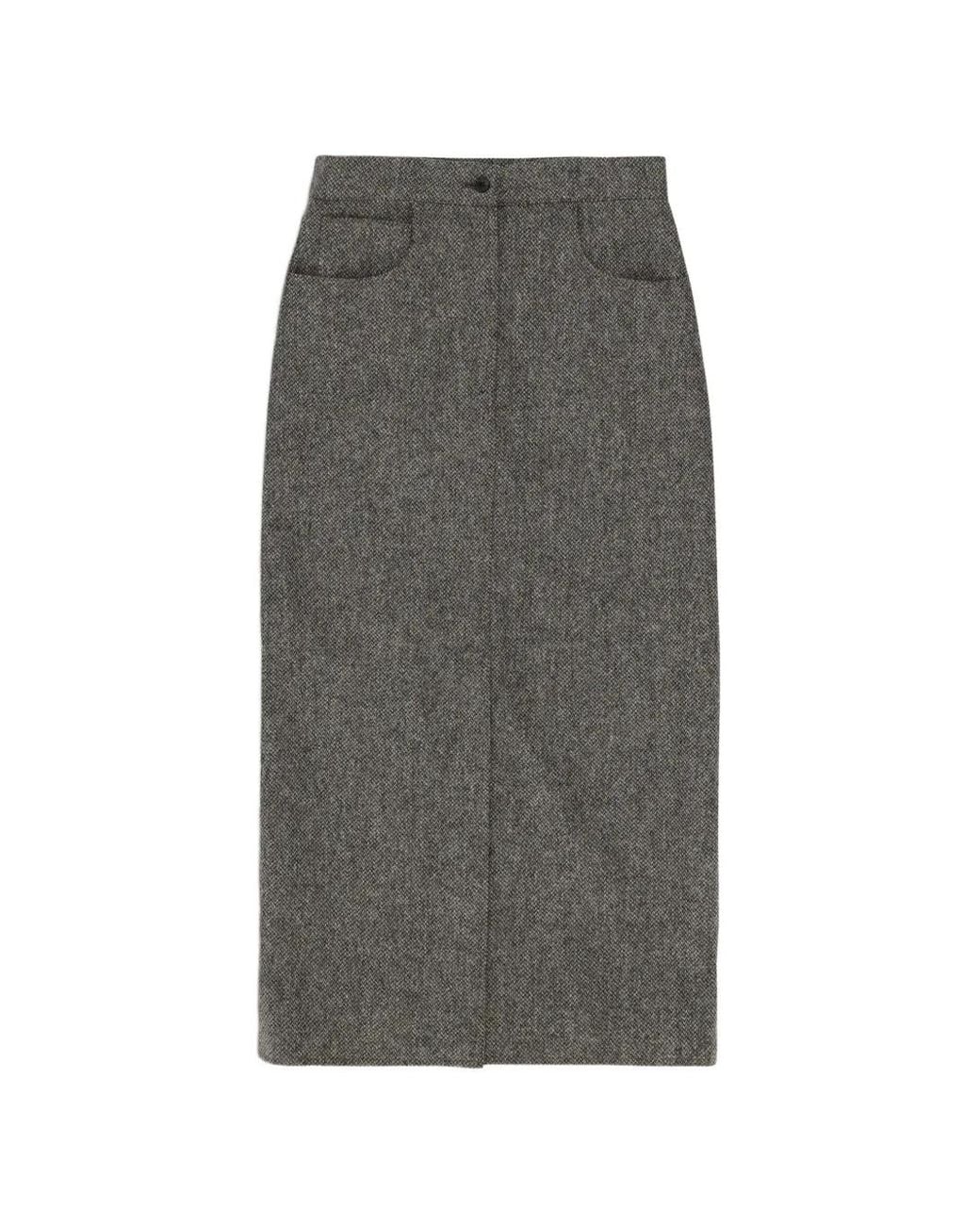 Fortela Gray Jasmine Herringbone Wool Midi Skirt