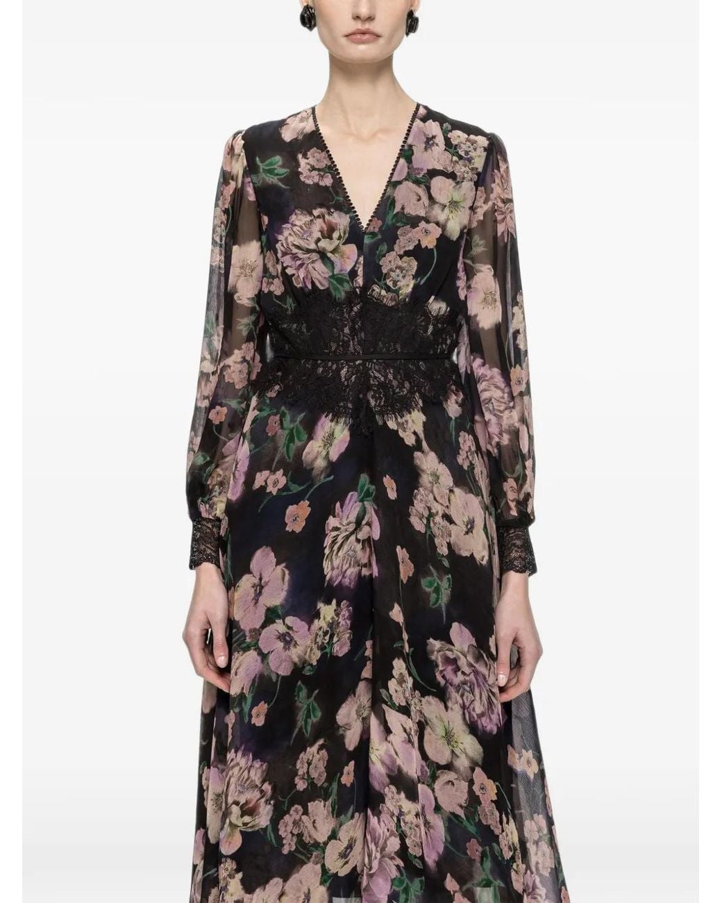 Nissa White Lace Insert Chiffon Midi Dress