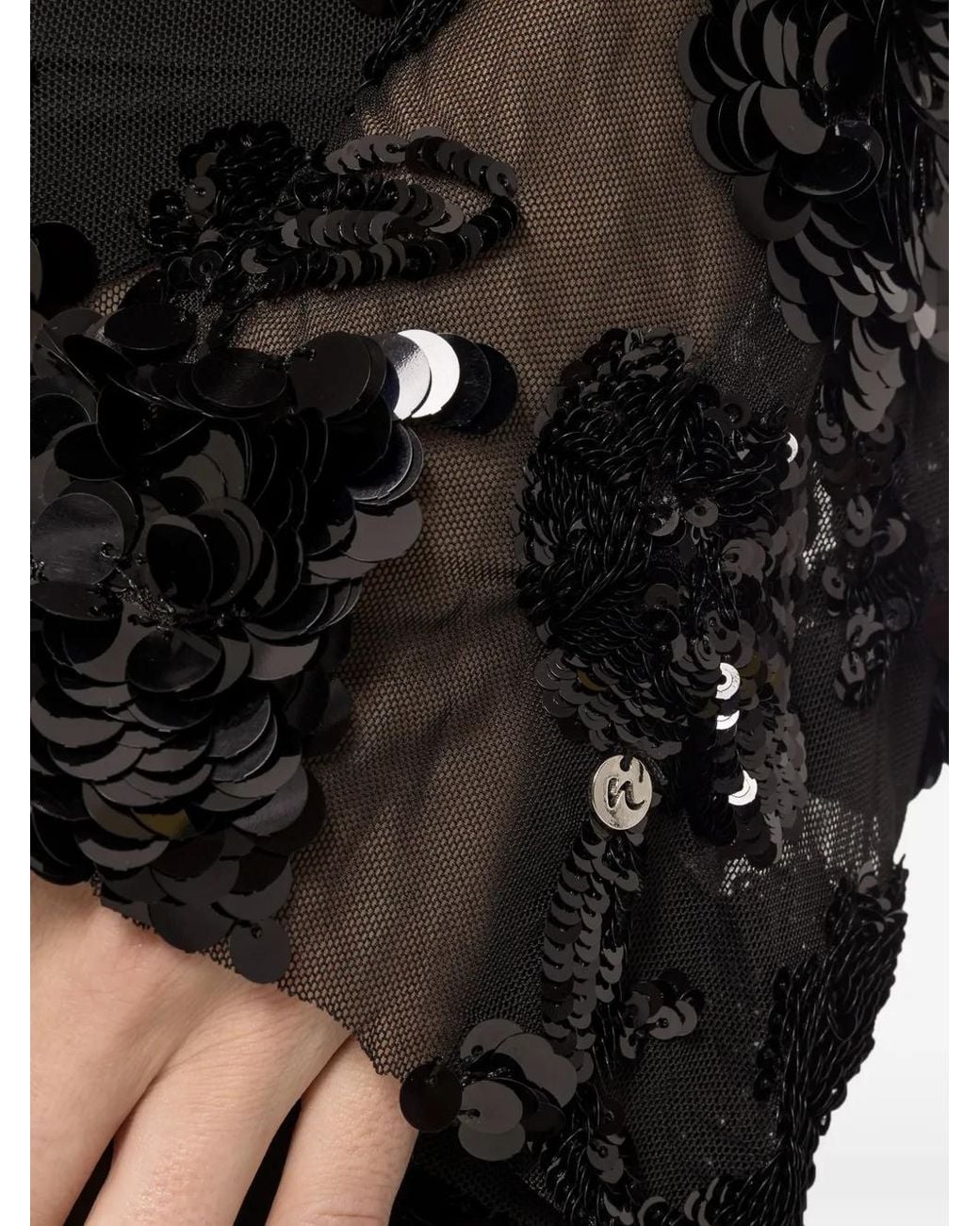 Nissa Black Appliquéd Sequinned Tulle Maxi Dress