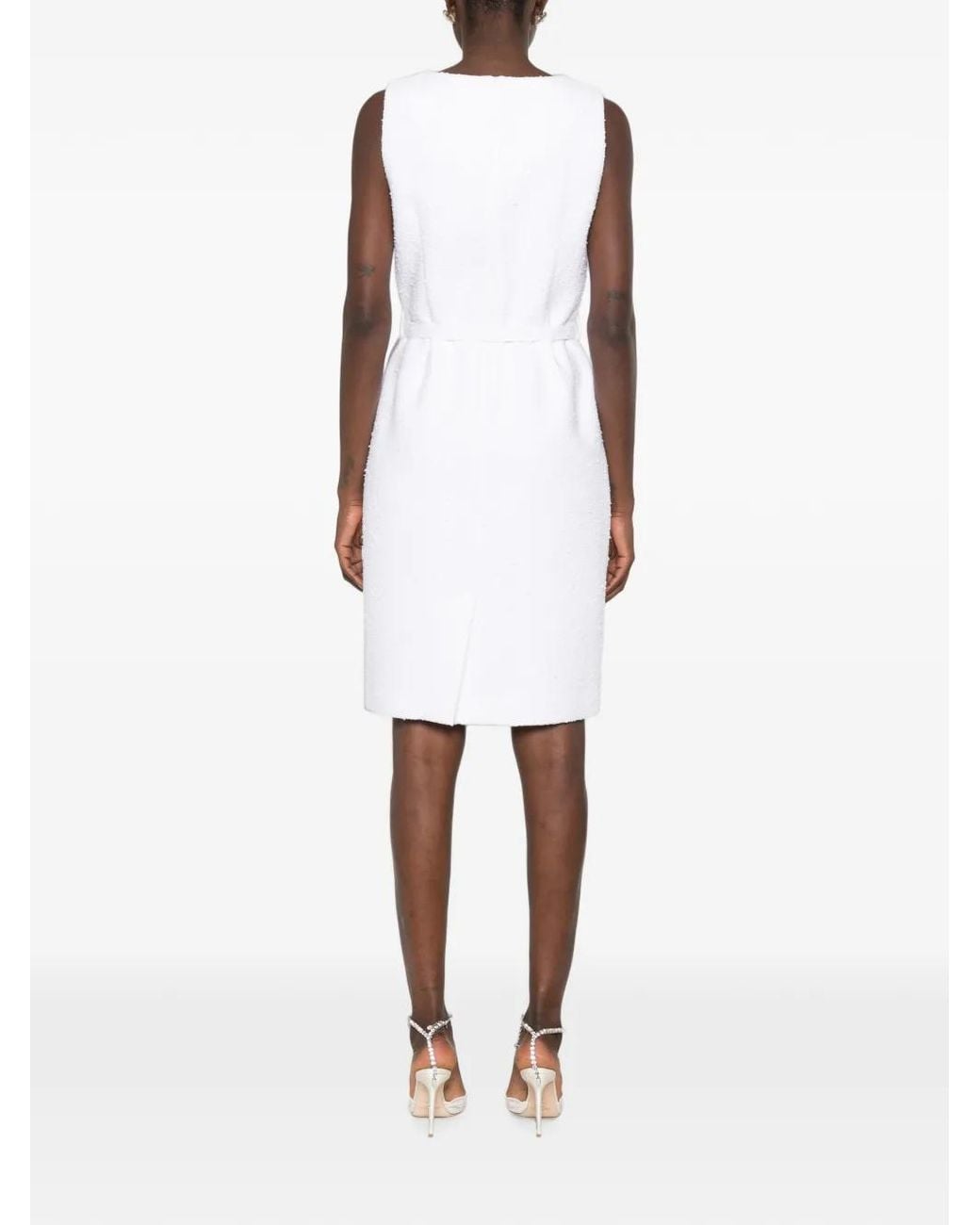 Andiata White Robe Courte En Tweed À Taille Ceinturée