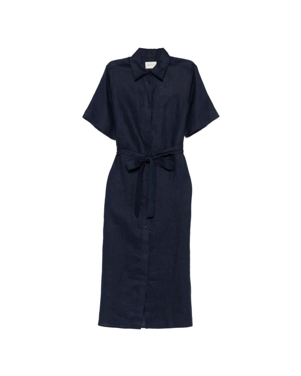 Gant Blue Belted Button-Fastening Midi Dress