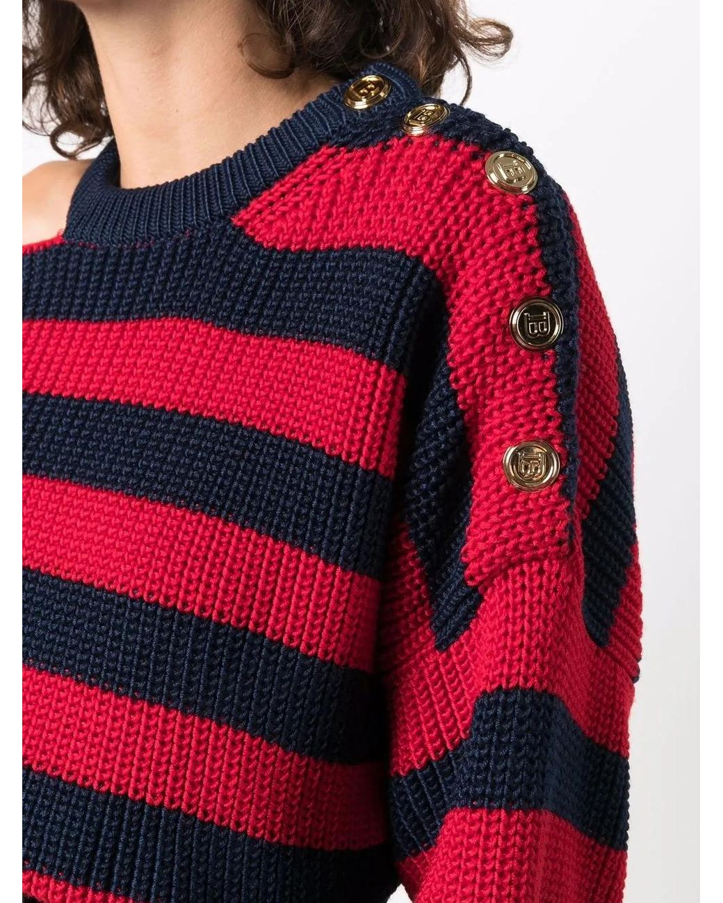 Balmain Red Ribbed-Knit Striped Mini Dress