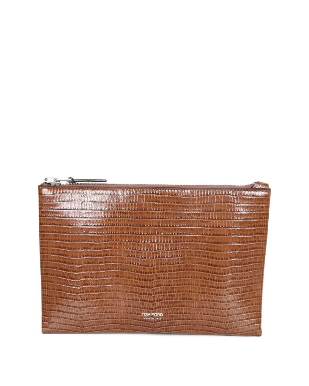 Tom Ford Brown Lizard-Effect Leather Cluth Bag for men