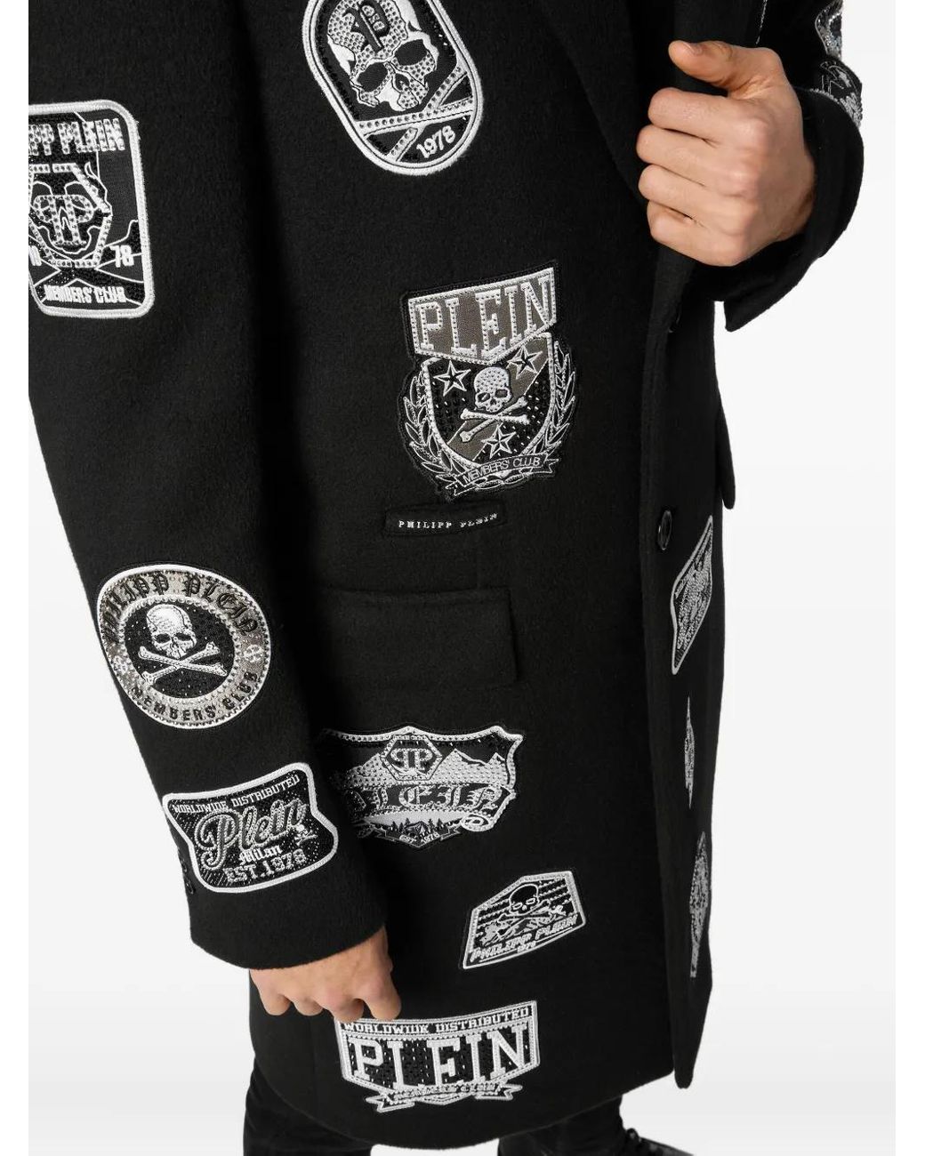Philipp Plein Black Wool Long Coat With Patches for men