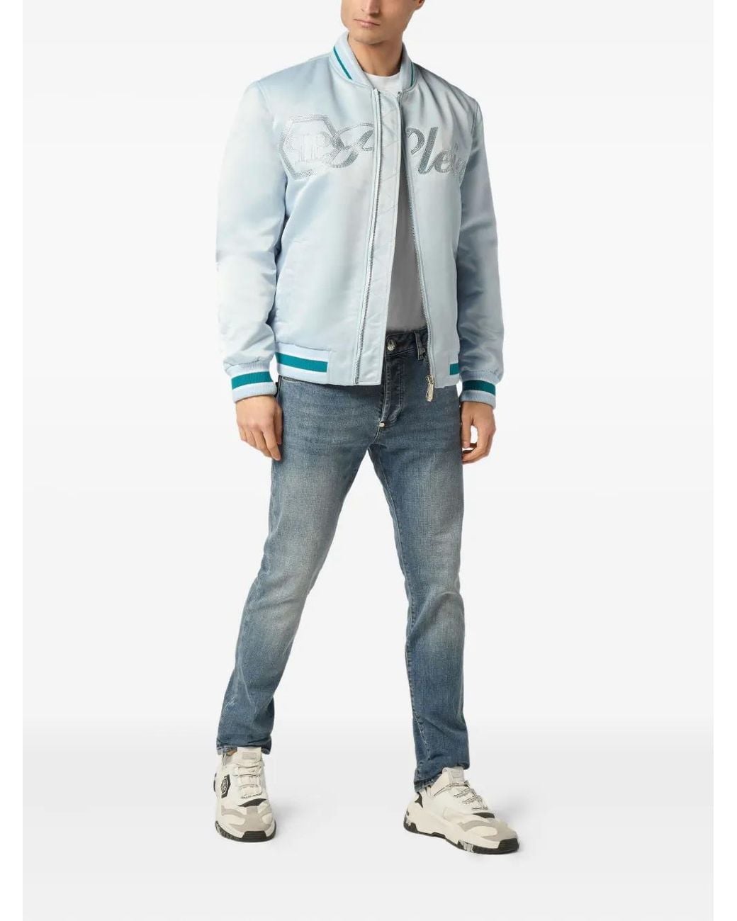 Philipp Plein Blue Satin Bomber Jacket for men