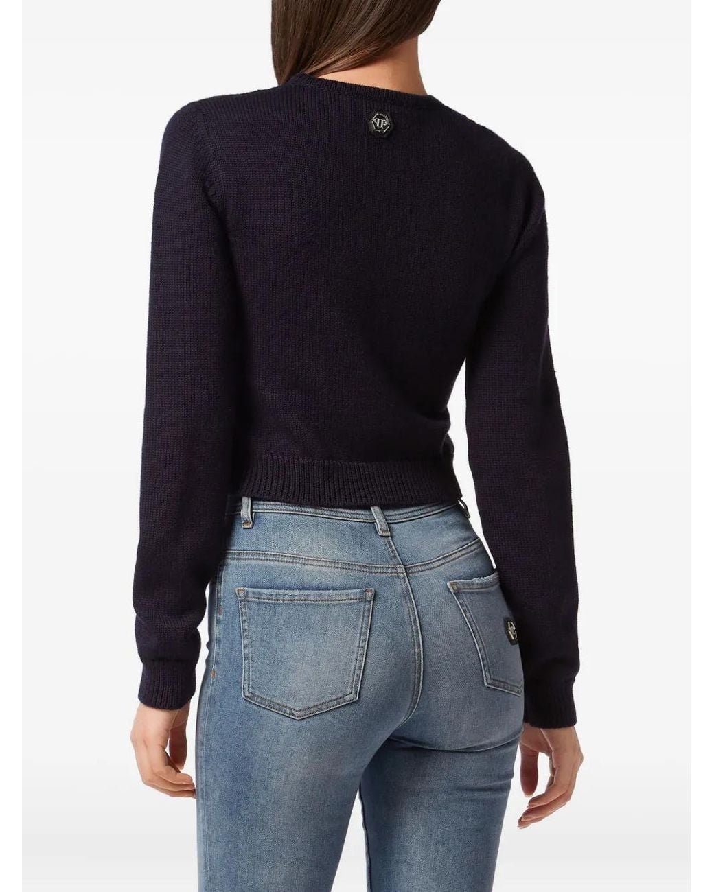 Philipp Plein Blue Cropped Round Neck Pullover Teddy Doorman