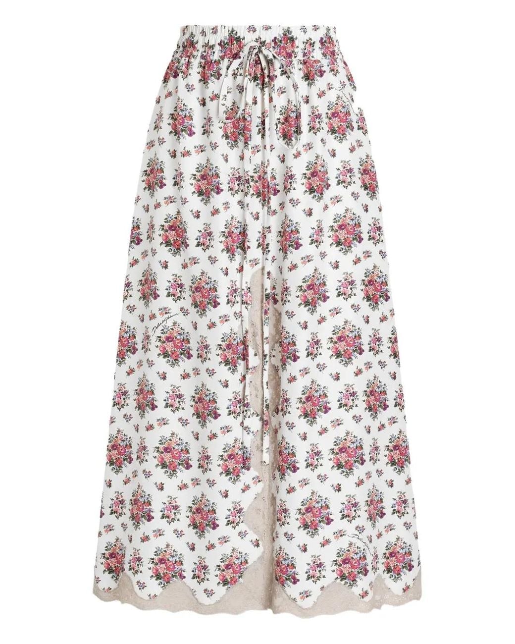 Dolce & Gabbana White Silk-Blend Floral Midi Skirt