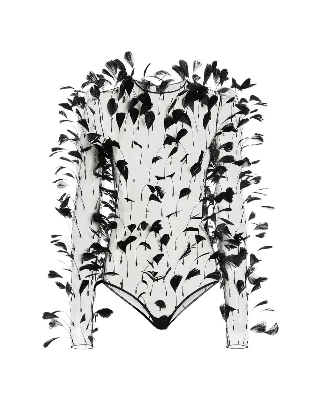 Genny White Feather-Embellished Sheer Bodysuit