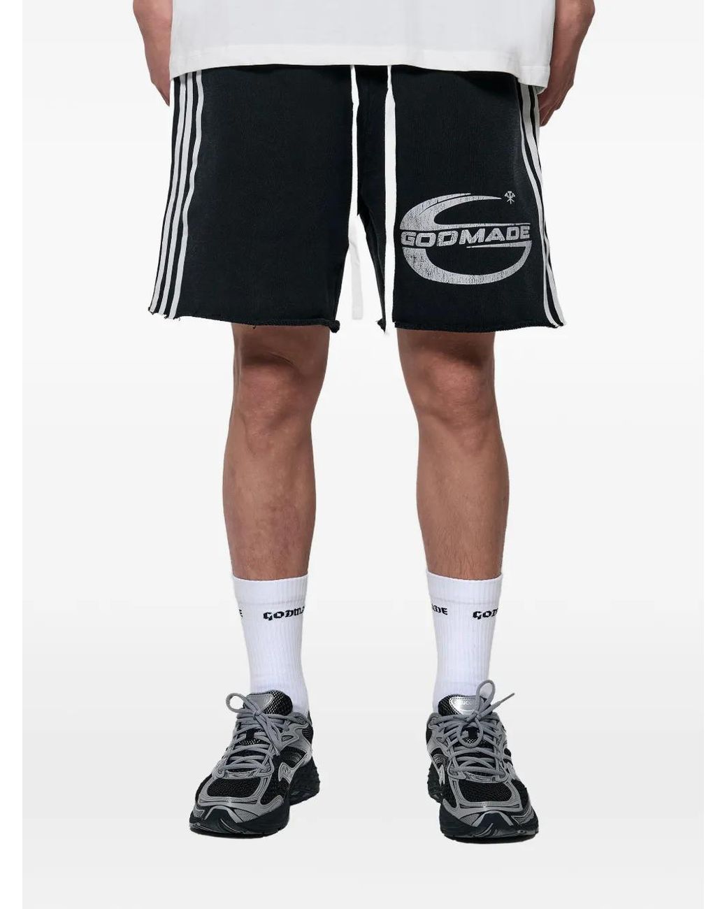 GODMADE Black Imperial Logo-Print Side-Stripe Shorts for men
