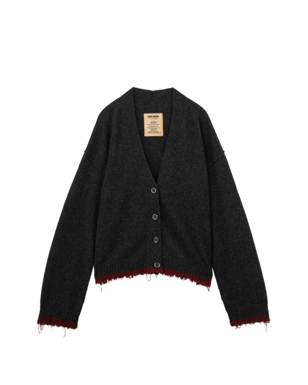 Uma Wang Black Distressed-Effect Ribbed-Trim Cardigan