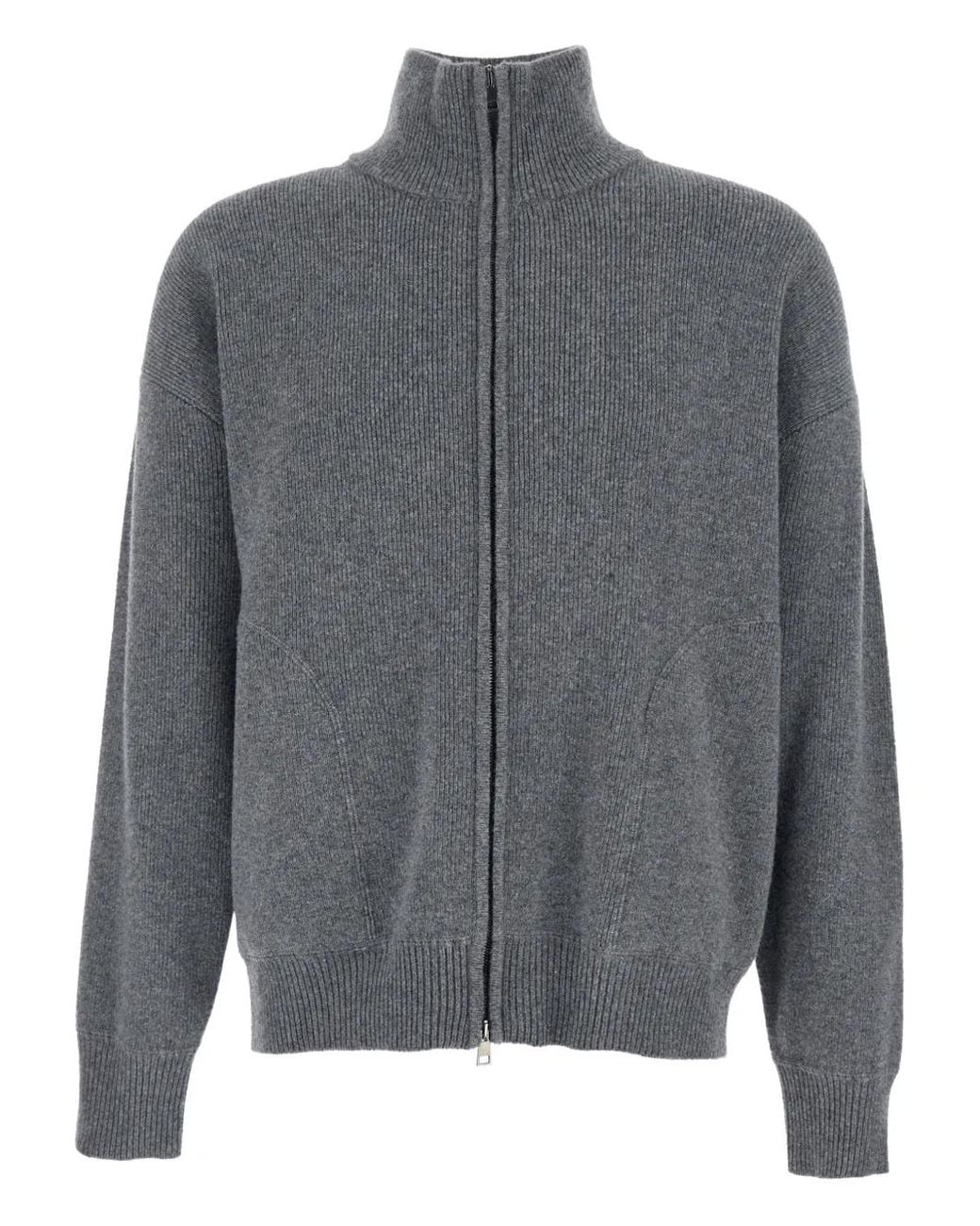 Roberto Collina Gray High Neck Ribbed Knit Cardigan for men