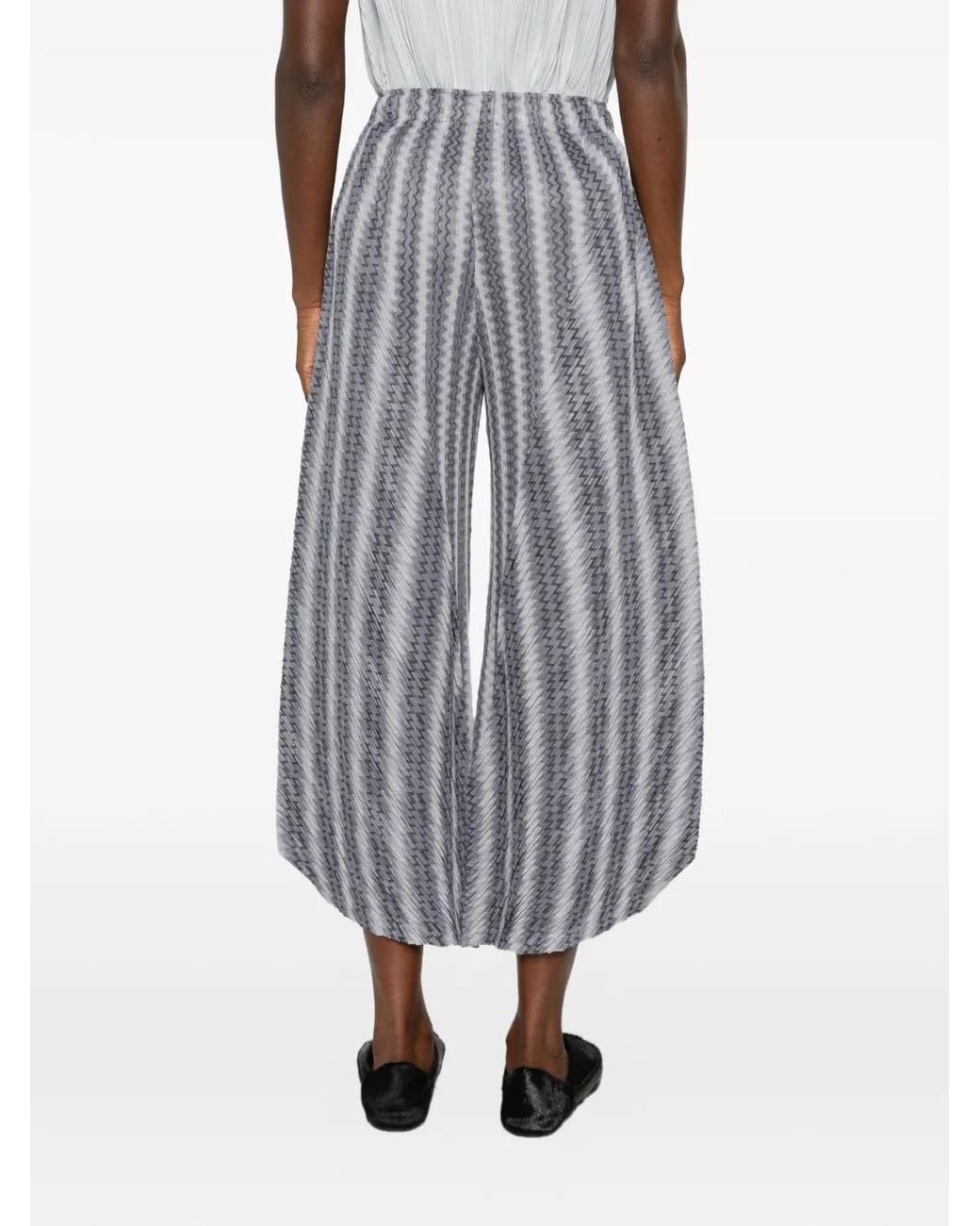 Pleats Please Issey Miyake Gray Zig Zag-Print Pleated Cropped Trousers