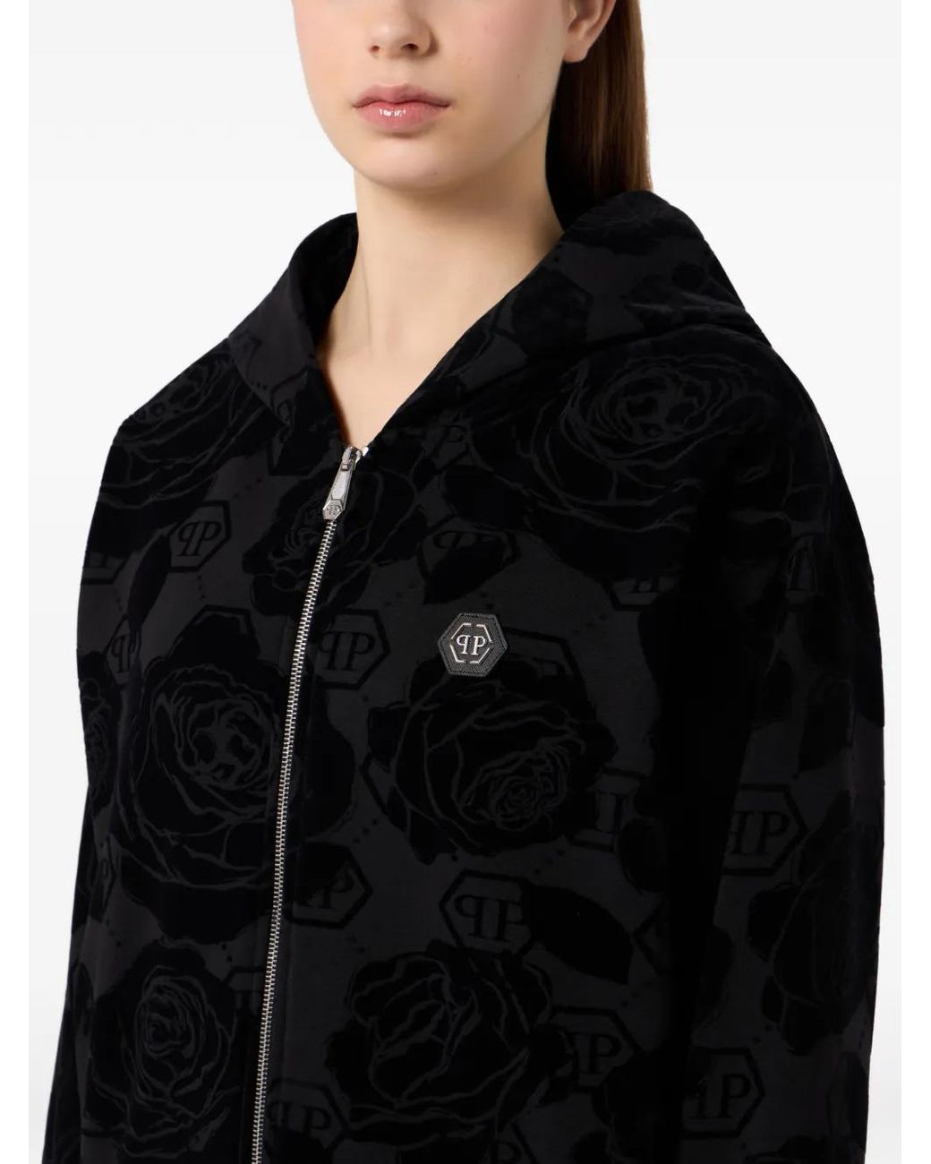 Philipp Plein Black Flock Flower Monogram Hoodie