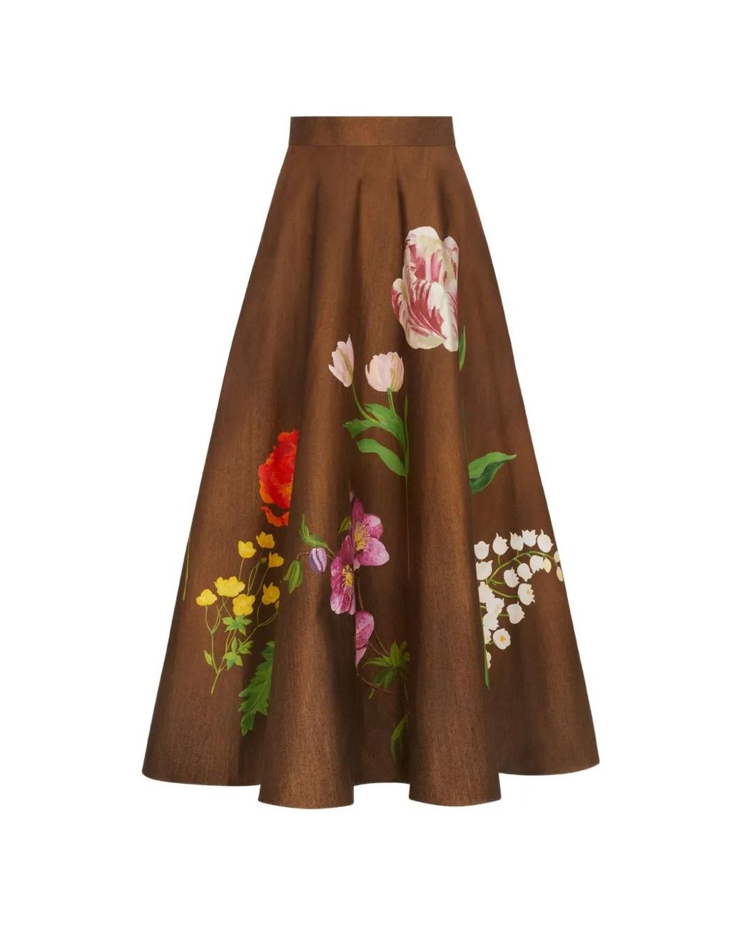 Oscar de la Renta Brown Botanical-Print Midi Skirt