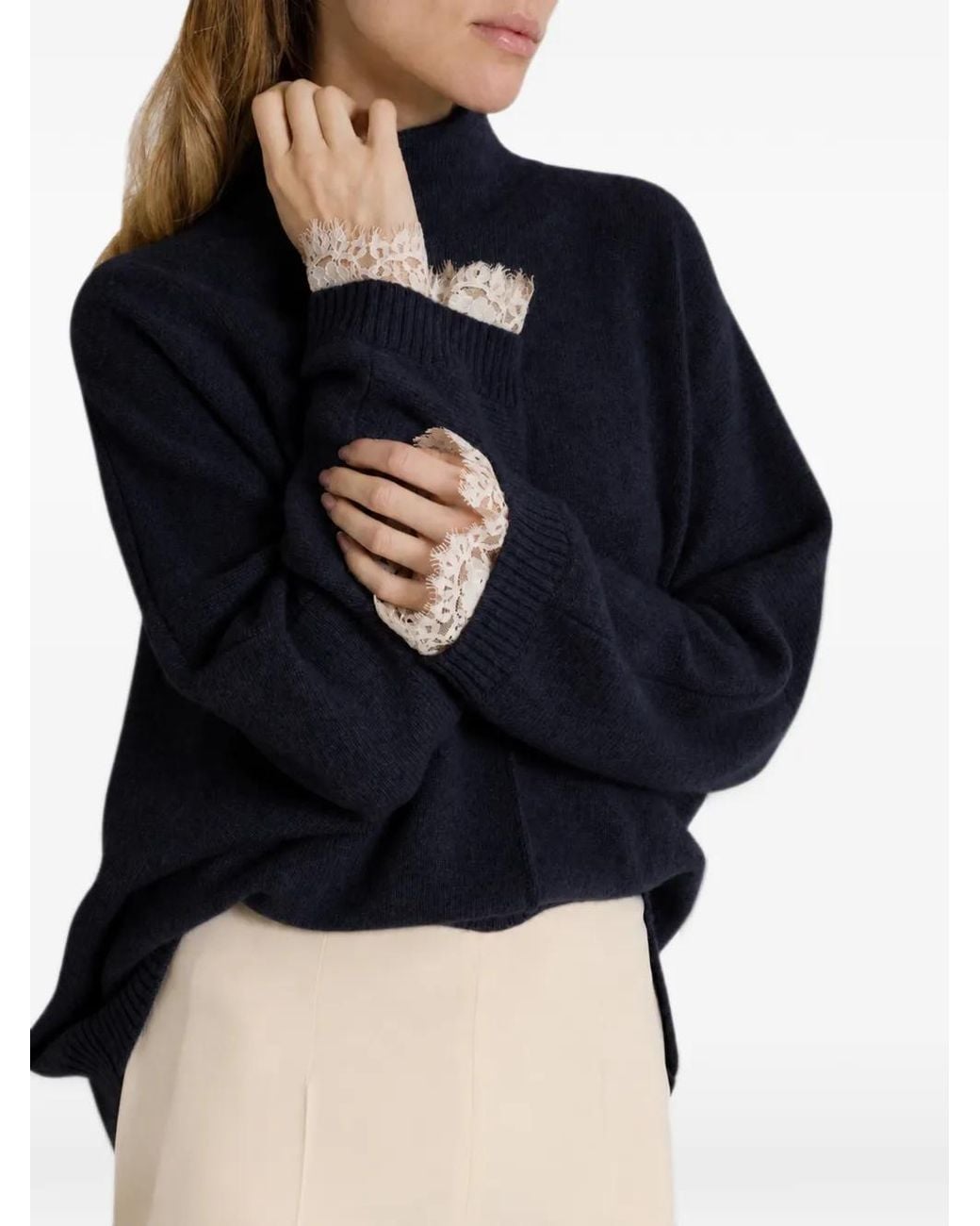 Alberta Ferretti Blue Lace-Trim High-Neck Sweater