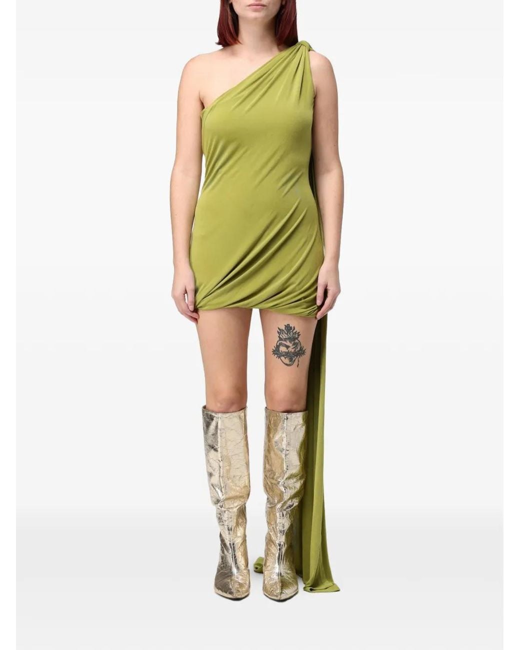 ELEH Green One-Shoulder Draped Mini Dress