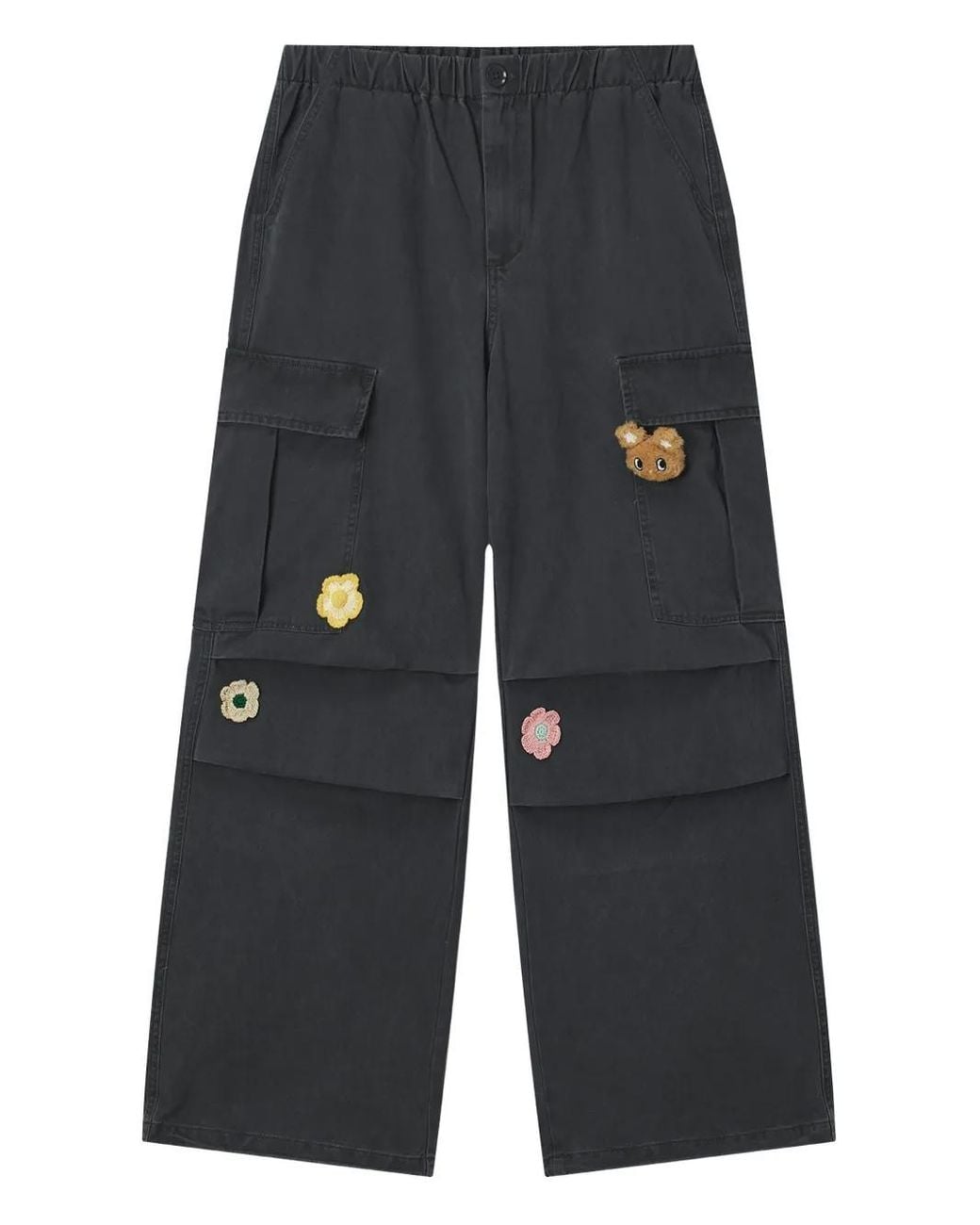 Mini Cream Blue Flower-Appliqué Cargo Trousers