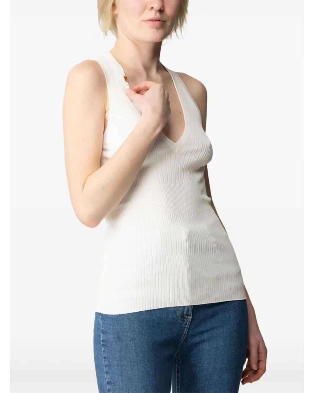 Elisabetta Franchi White Ribbed V-Neck Top
