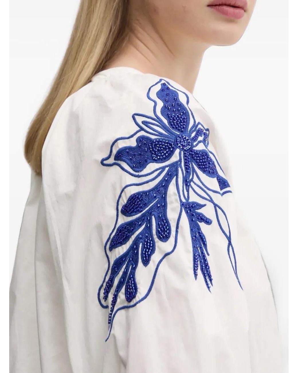 Desigual White Puff-Sleeves Beaded Floral Blouse