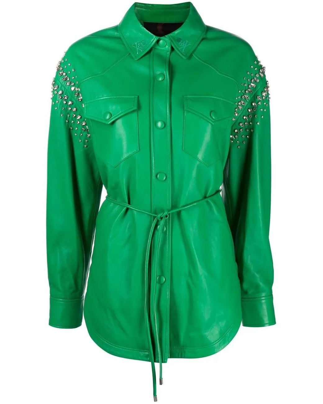 Philipp Plein Green Stud-Embellished Leather Shirt