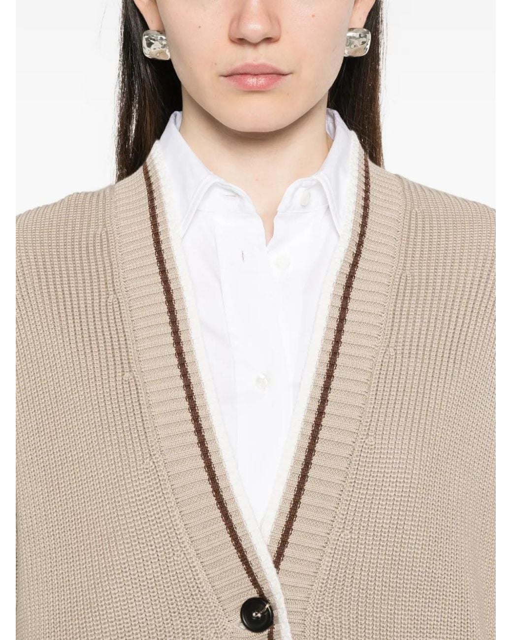 Brunello Cucinelli Natural Buttoned Striped-Detail Cardigan