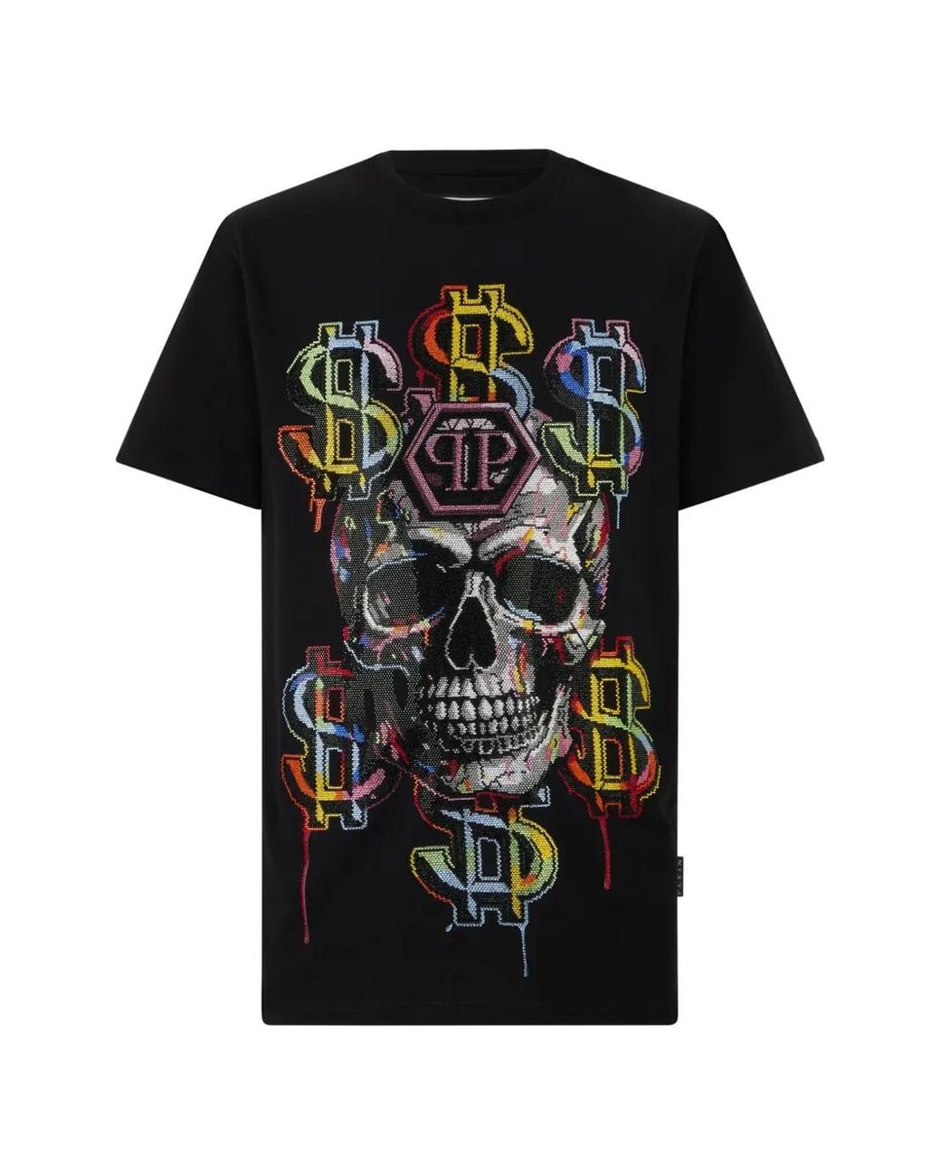 Philipp Plein Black Round Neck T-Shirt Dollar Skull Stones for men