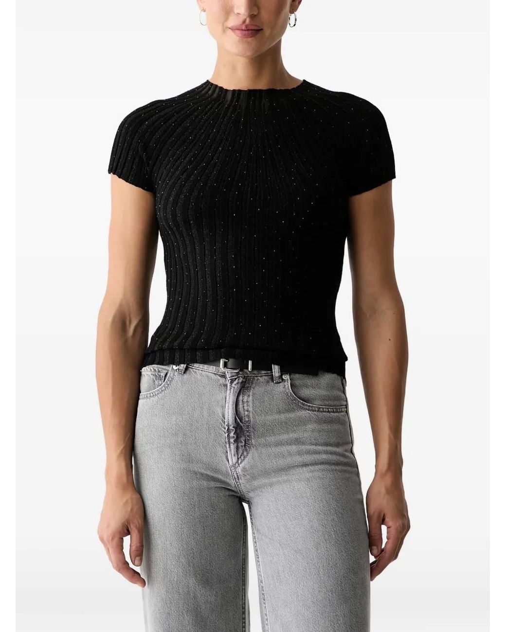 Guess Black Rhinestone-Embellished Ribbed-Knit T-Shirt