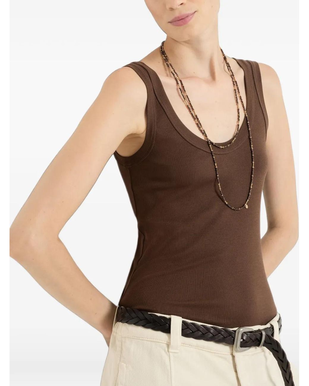 Brunello Cucinelli Brown Stretch-Cotton Ribbed-Jersey Top With Monili