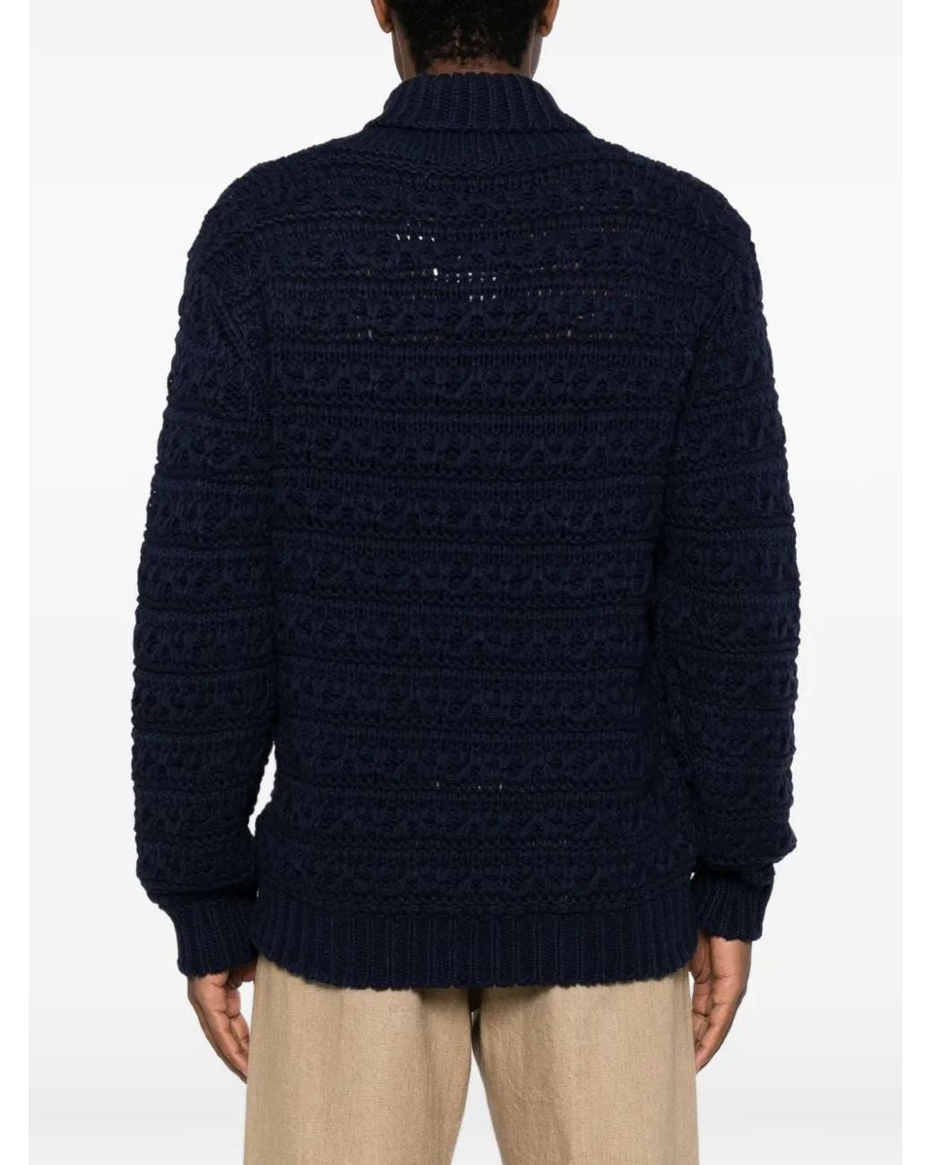 Canali Blue Shawl-Collar Open-Knit Sweater for men