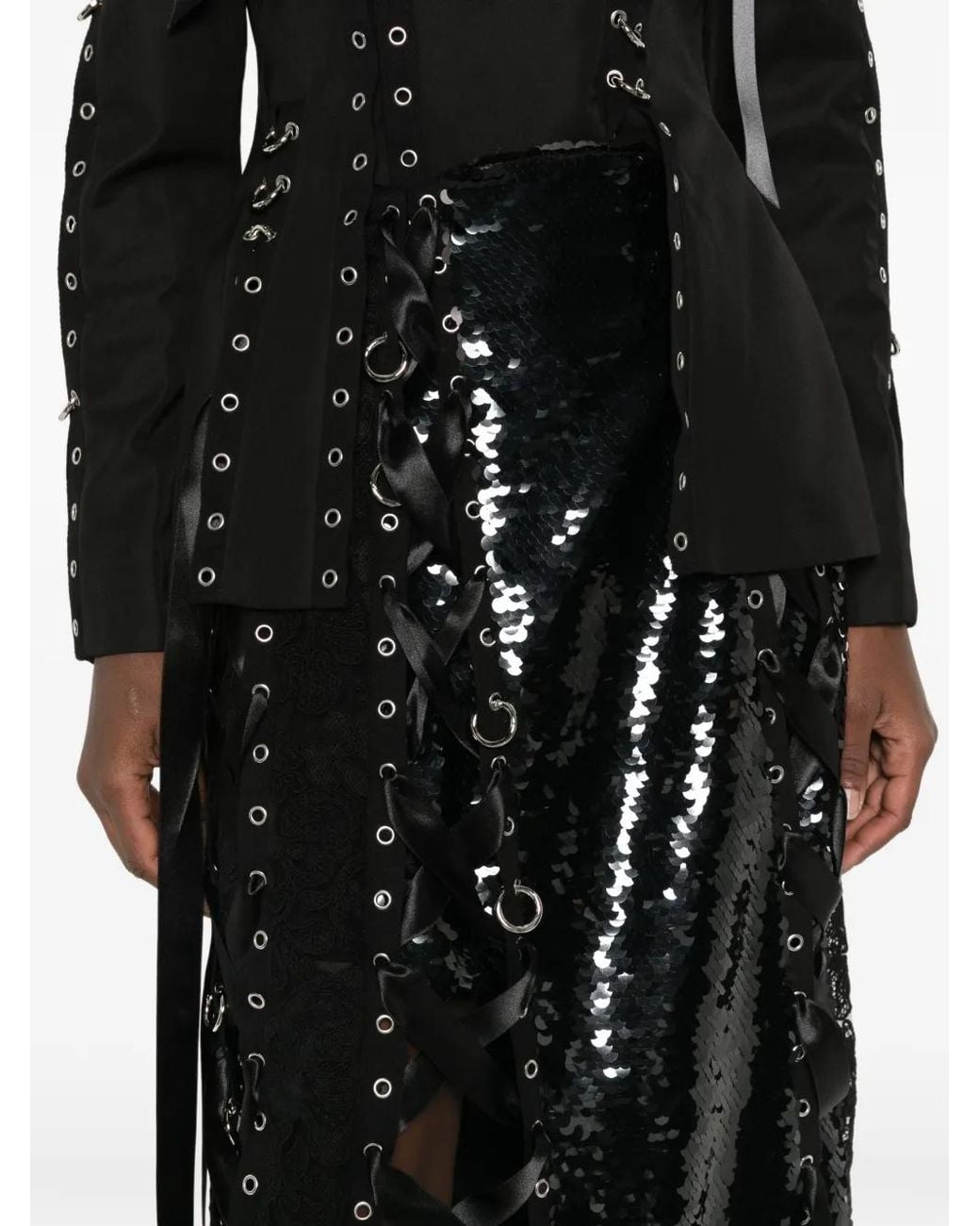 Simone Rocha Black Jupe Mi-Longue À Sequins Et Patchwork De Dentelle