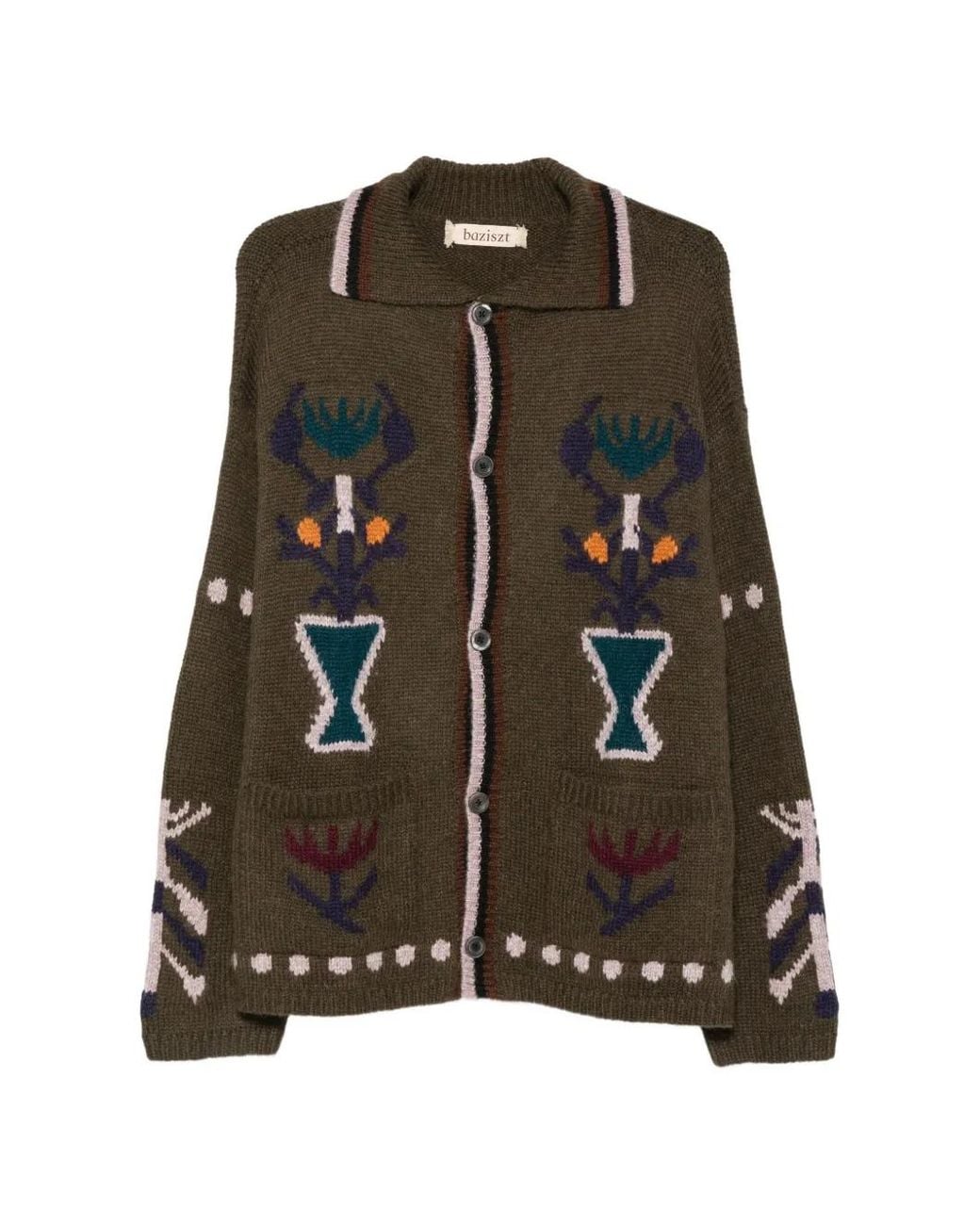 BAZISZT Brown Intarsia-Knit Button-Up Cardigan for men
