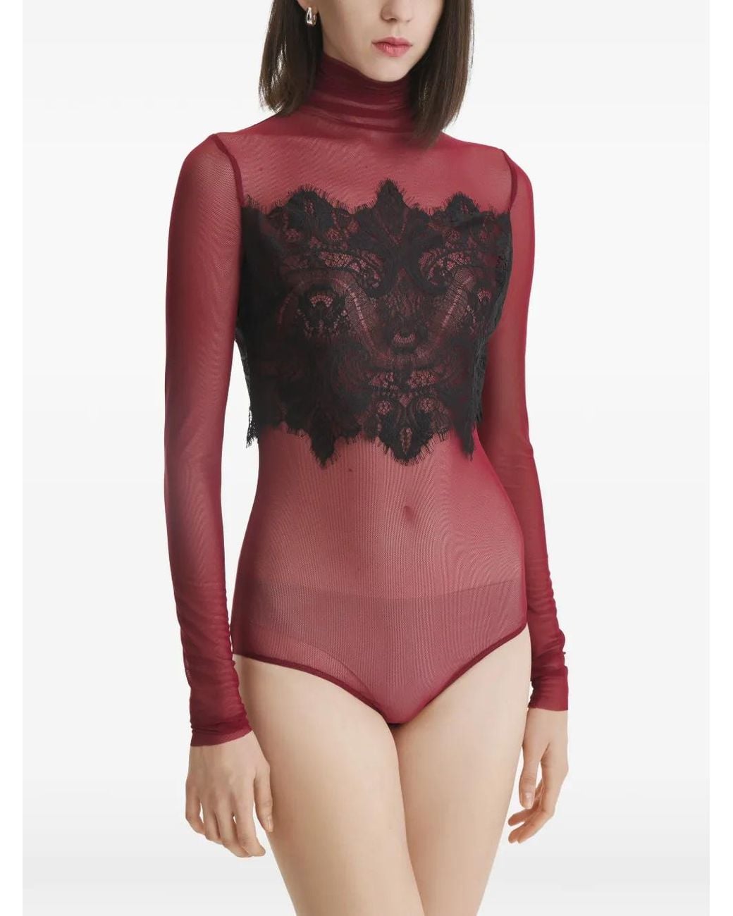 2310 STUDIO Red Lace-Panel Bodysuit