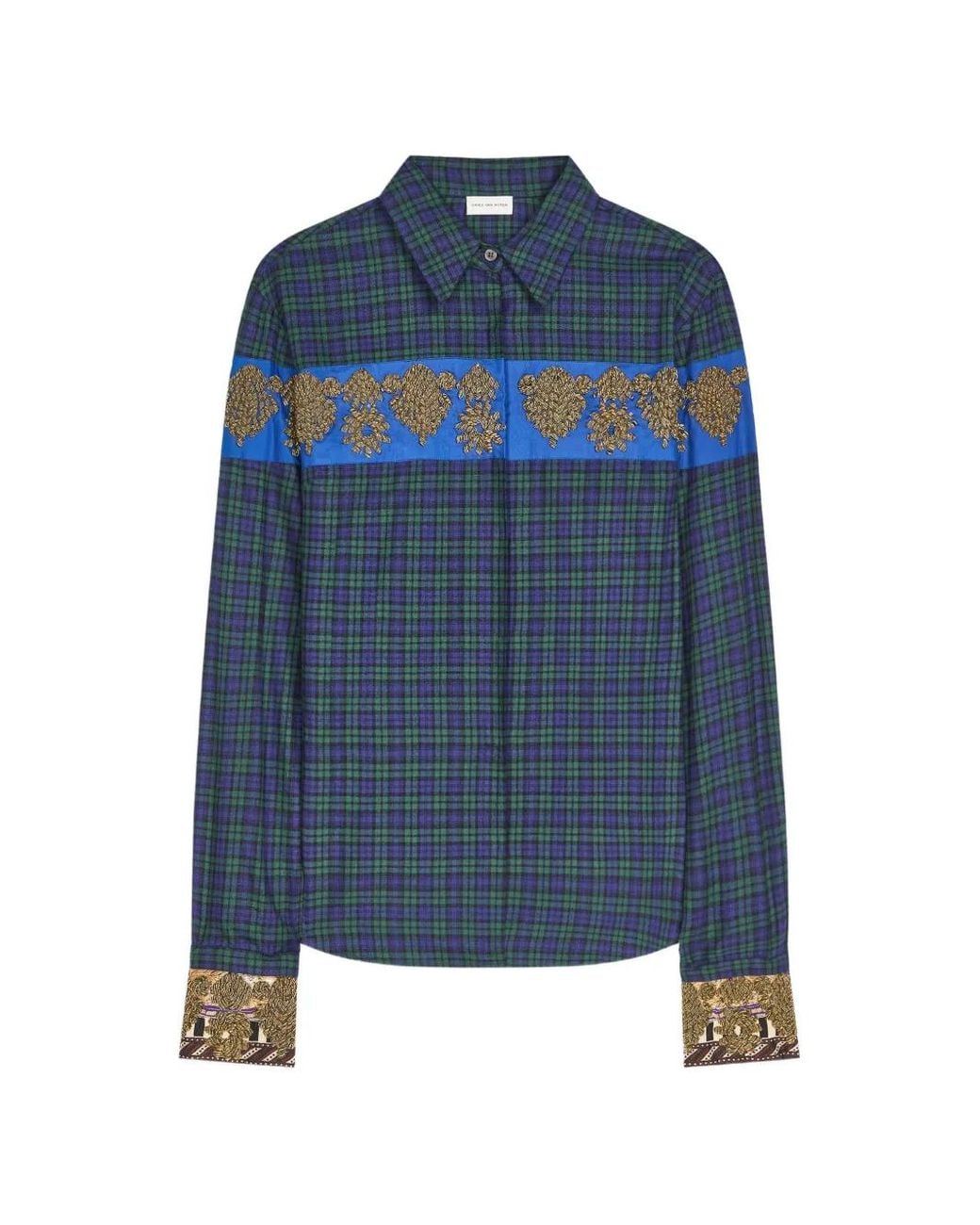 Dries Van Noten Blue Embroidered Cotton Flannel Shirt