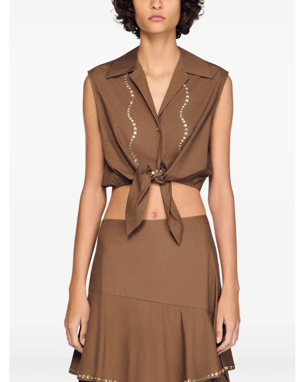 Sandro Brown Rhinestone Cropped Shirt