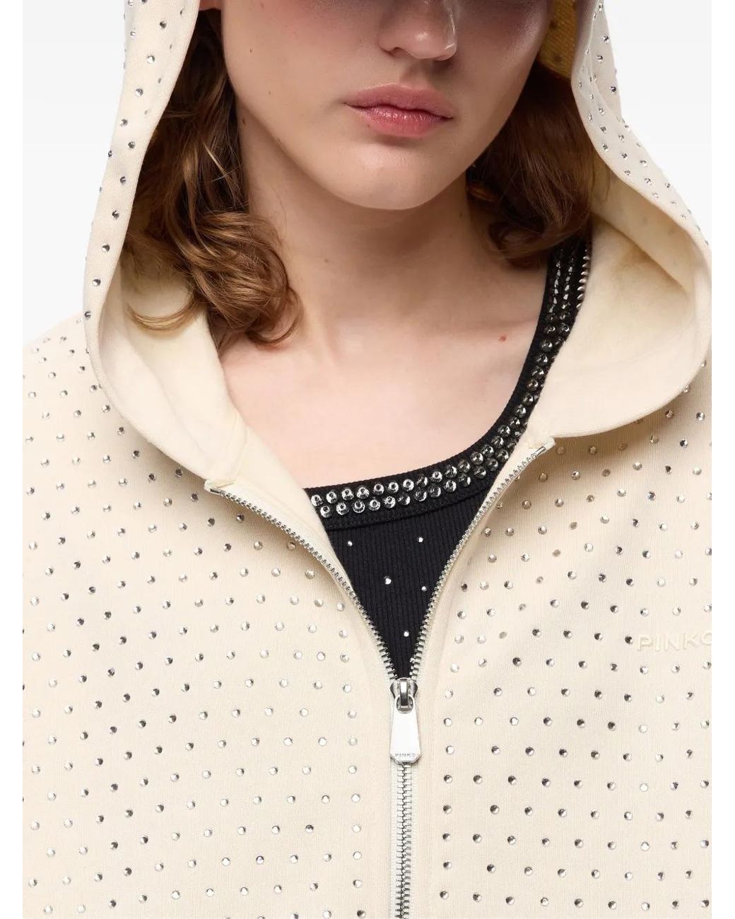 Pinko White Fully Rhinestoned Lugano Hoodie With Zip