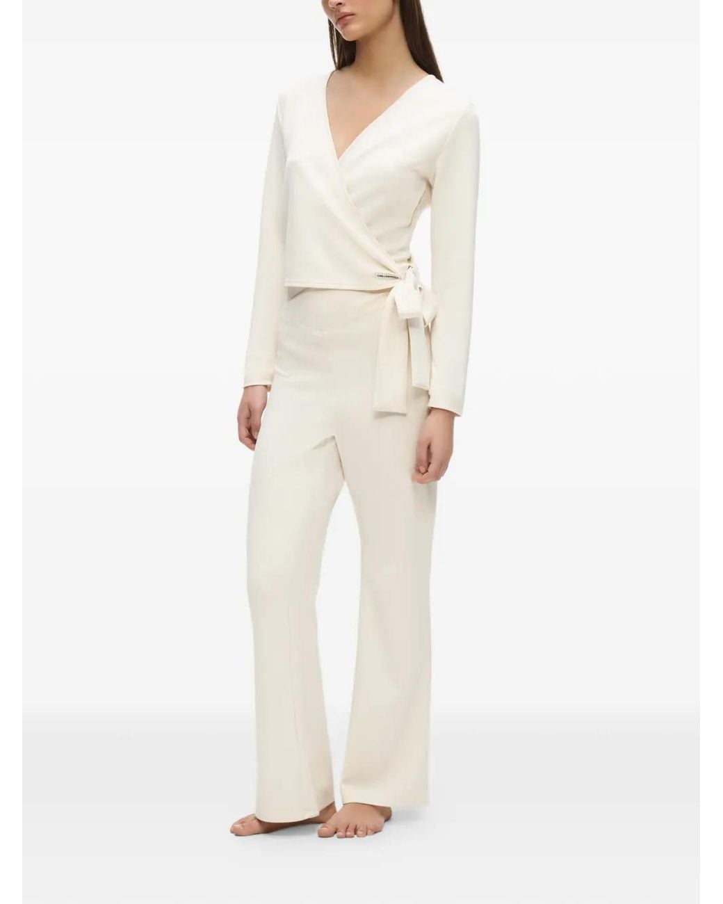 Karl Lagerfeld White Logo-Plaque Crossover-Waistband Trousers