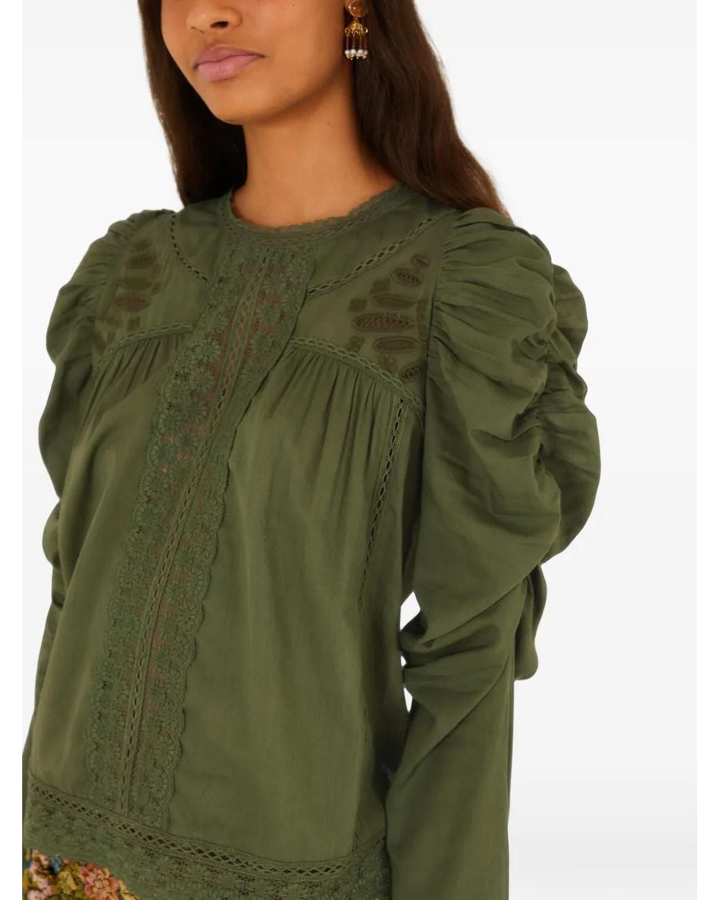 Farm Rio Green Lace Ruched Sleeve Blouse
