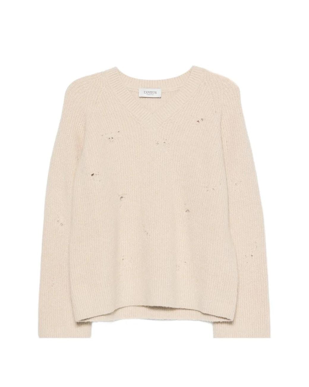 Laneus Natural Distressed Ribbed-Knit Sweater