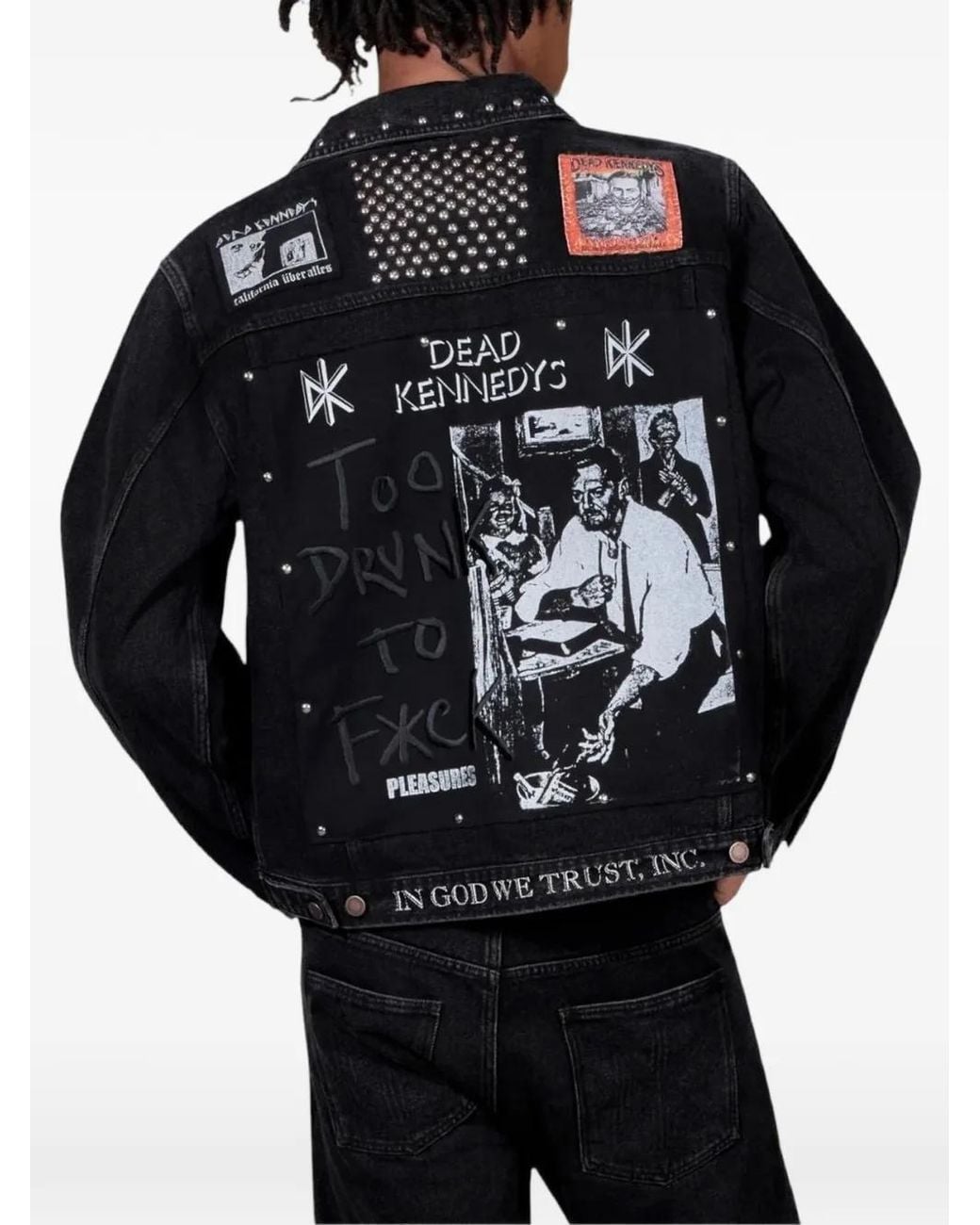 Pleasures Black Patch-Detail Studded Denim Jacket for men