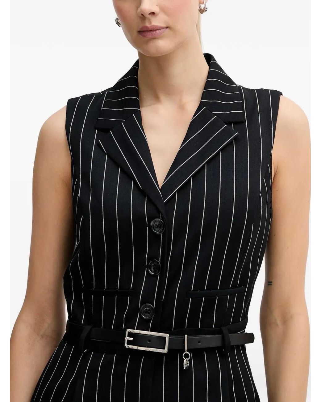 DKNY Black Striped Belted Jumpsuit