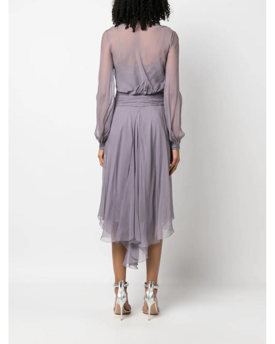 Alberta Ferretti Purple Pleated Silk-Chiffon Long-Sleeved Wrap Dress