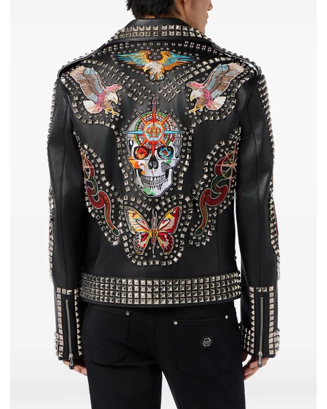 Philipp Plein Black Leather Biker Jacket Studs & Patches for men