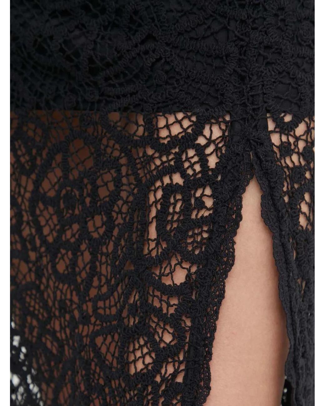 Sisley Black Lace-Panels Slit Midi Skirt