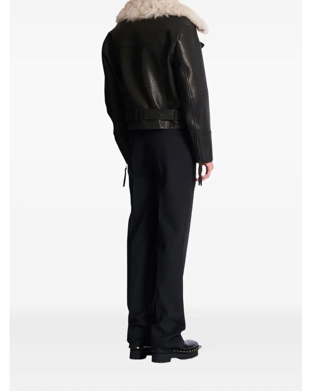 Balmain Black Shearling-Collar Leather Jacket for men