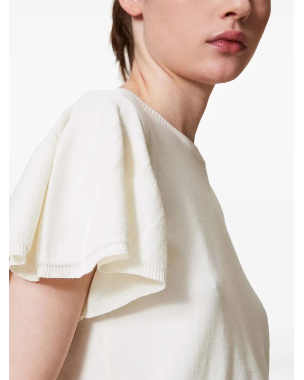 Twinset White T-Shirt En Maille À Ourlet Festonné