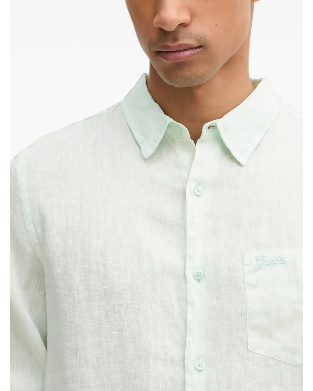 Guess White Linen Chest-Pocket Shirt for men