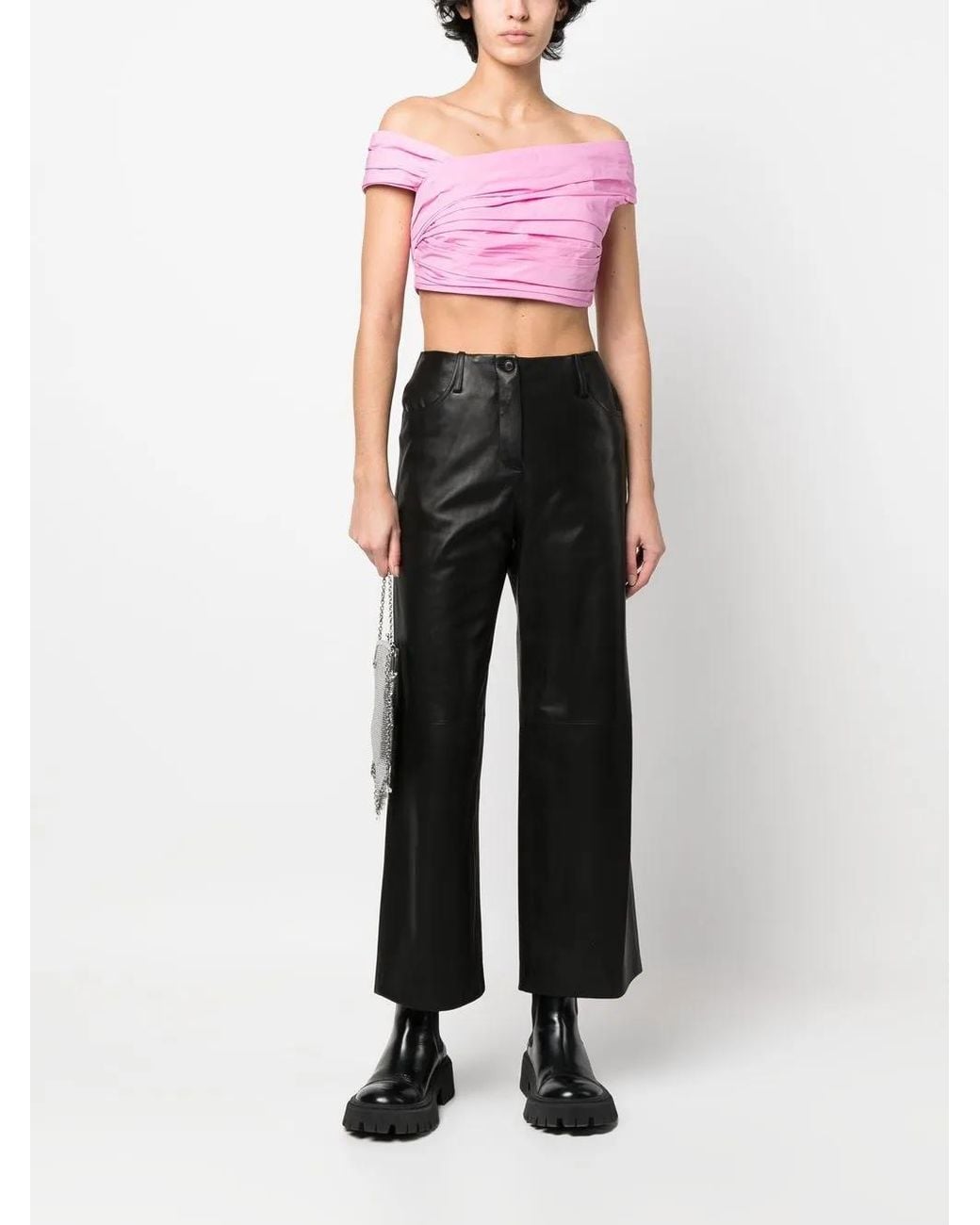 DSquared² Pink Pleated Off-Shoulder Cropped Top