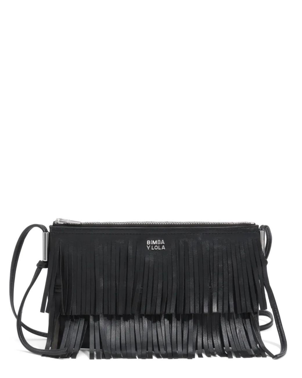 Bimba Y Lola Black Small Leather Fringed Clutch Bag