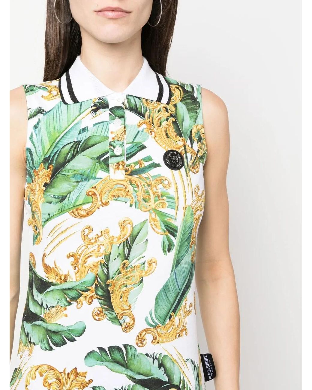 Philipp Plein Green Floral Sleeveless Polo Shirt