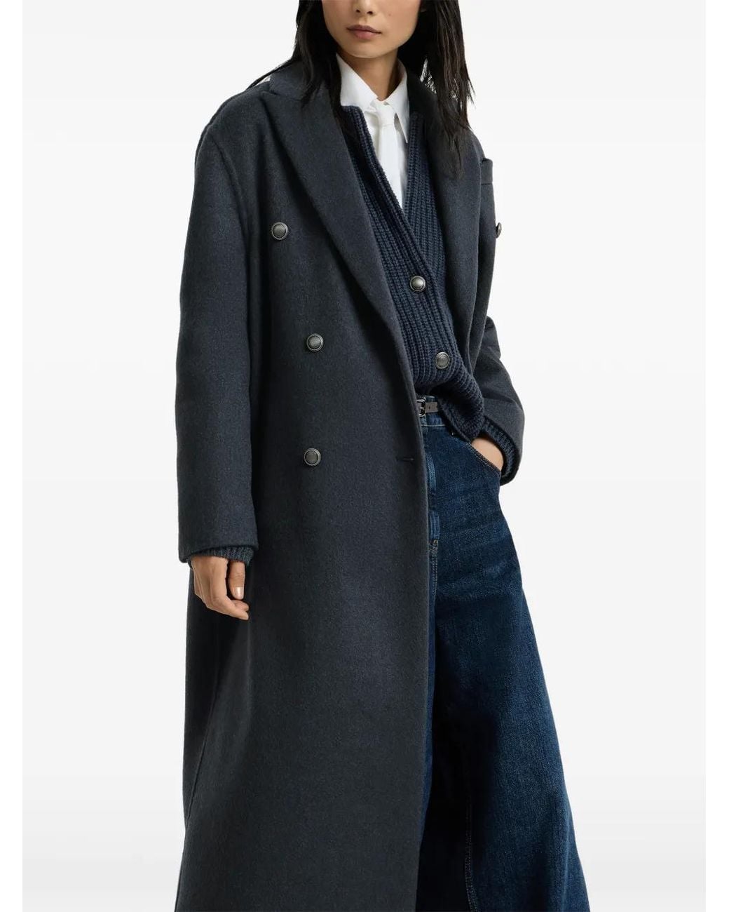 Brunello Cucinelli Black Manteau En Cachemire Mélangé À Taille Ceinturée Et Ornements Métalliques